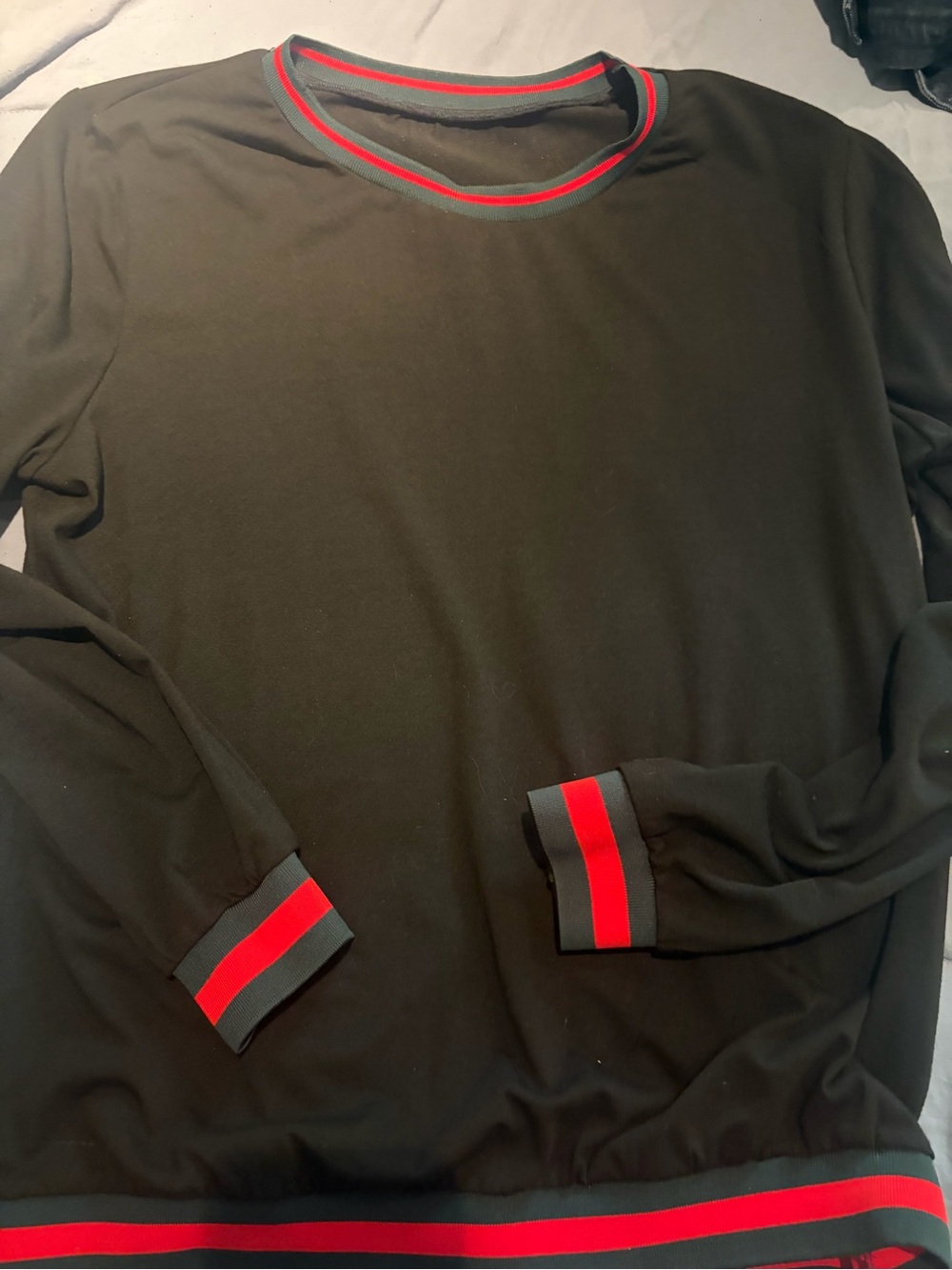 Women's Black Crewneck Sweater with Red-Trim Detail